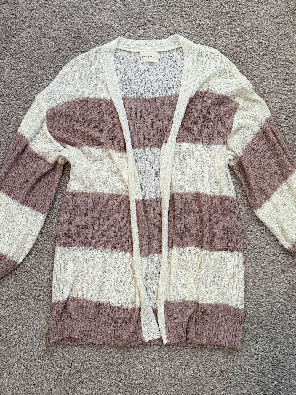 Cream and Dusty Mauve Striped Open-Front Sweater Cardigan